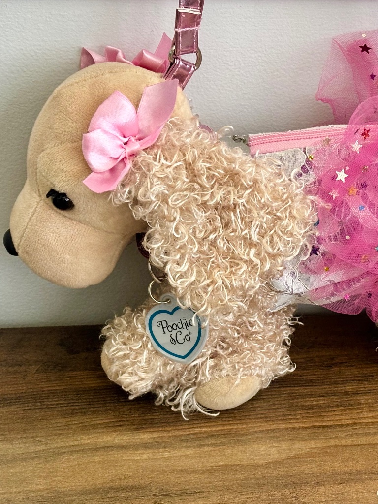Poochie & Co Girls Puppy Purse Bag Tan Dog Plush Pink Bow Tutu Glitter Lace Toy
